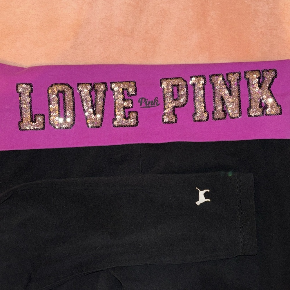 Victoria’s Secret PINK Yoga pants fold over waistband LOVE PINK sequins purple